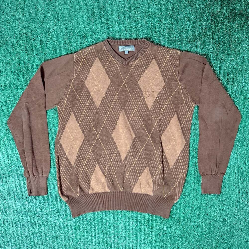Y2K Mens Ezekiel Brown Argyle V-Neck Pullover Sweater Medium